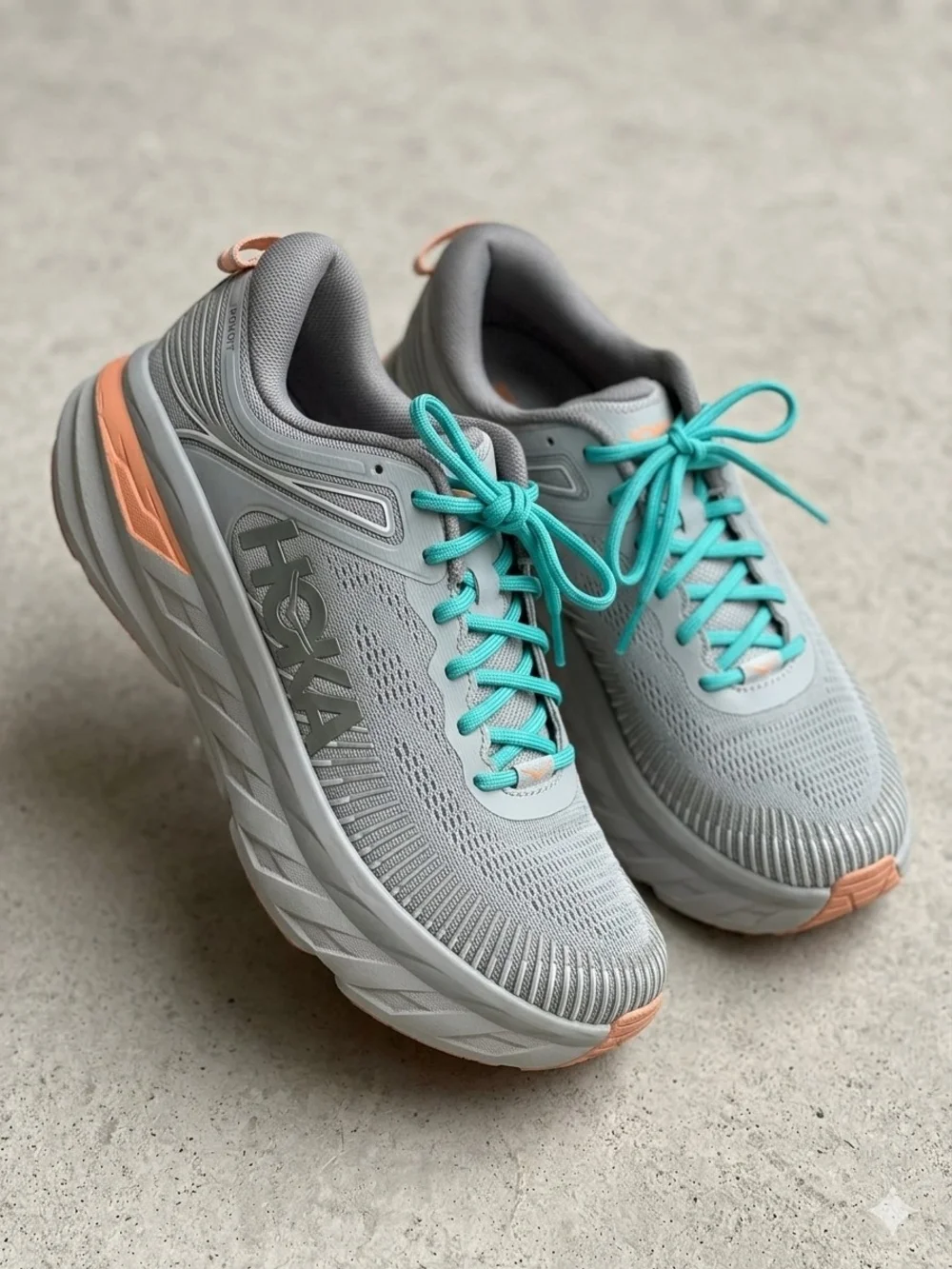 Hoka One One Light Gray Trainers with Teal Laces and Coral Accent Used, Very Goo - Picture 8 of 10